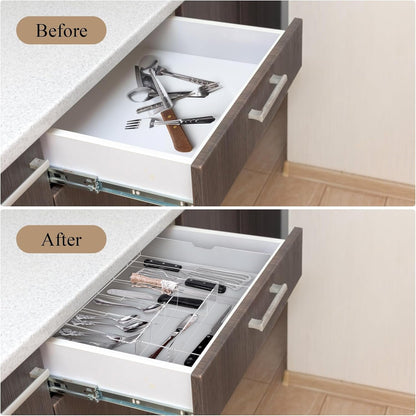 Fasmov Expandable Plastic In-Drawer Utensil Organizer Tray, Acrylic Adjustable Cutlery and Flatware Tray, Silverware Organizer Kitchen Drawer Organizer for Flatware and Utensils -9 Compartments