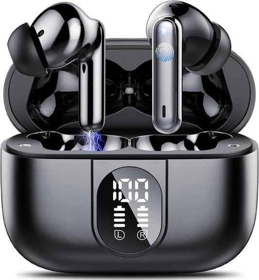 Wireless Earbuds, Bluetooth 5.3 Headphones Stereo Bass Ear Buds, Bluetooth Earbuds with 4 ENC Noise Cancelling Mic, 40Hrs in Ear Headphones with Dual LED Display, IP7 Waterproof Earphones for Sports