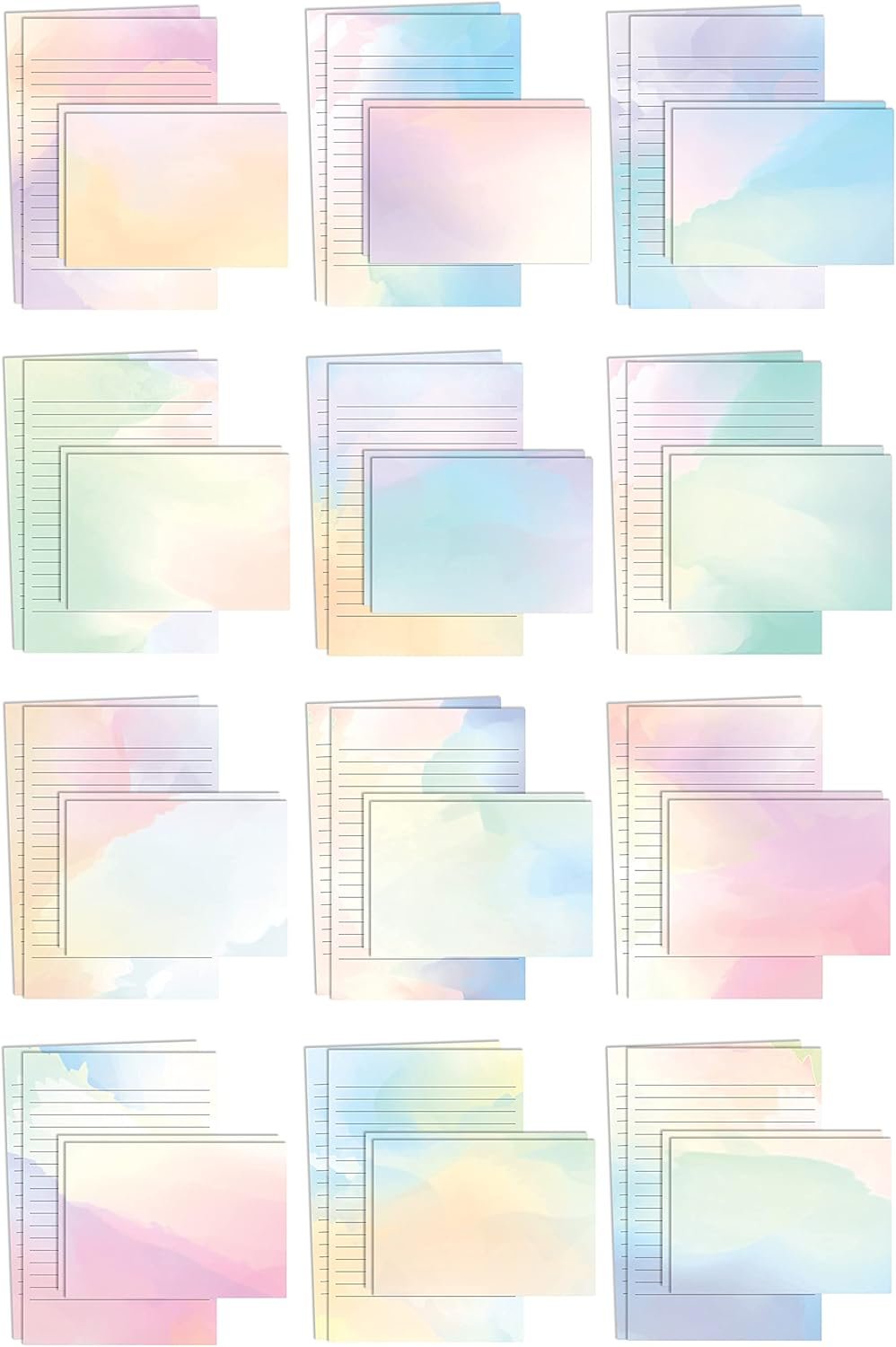 Mini Stationery Set, 100 Piece Set (50 Lined Watercolor Sheets + 50 Matching Envelopes), 5.5 x 8.25 inch, 12 Unique Designs, Double Sided Printing, One Side Lined Paper, by Better Office Products