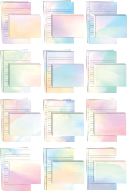 Mini Stationery Set, 100 Piece Set (50 Lined Watercolor Sheets + 50 Matching Envelopes), 5.5 x 8.25 inch, 12 Unique Designs, Double Sided Printing, One Side Lined Paper, by Better Office Products