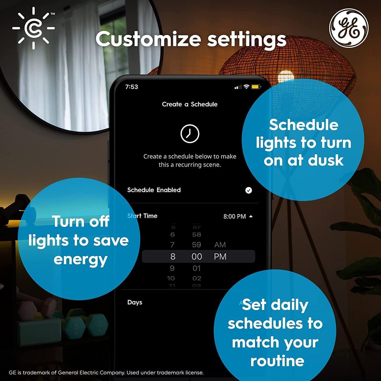 GE Cync Full Colour Direct Connect Smart Bulb (LED G25 Bulb), 60W Replacement, Bluetooth/WiFi Enabled, Works with Alexa, Google Assistant Without Hub Pack of 4