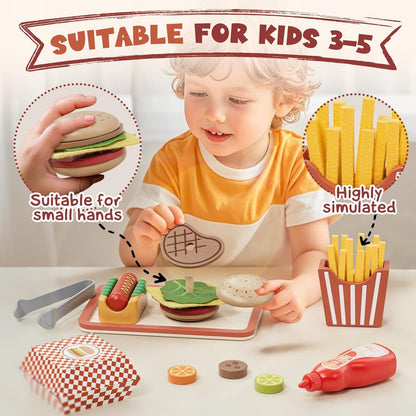 Lehoo Castle Wooden Play Food Sets for Kids Kitchen, Pretend Play Hamburger Counter Shop, Play Kitchen Accessories 3+, Montessori Toys for Toddlers 3-5 Year Old Boys Girls