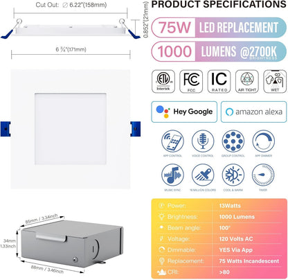 JULLISON 6" LED Smart Slim Recessed Pot Light, Square, WiFi APP & Voice Control, 120V, 13W, 1000LM, RGB + 2700K-6000K, ETL & FCC & IC Rated, Wet Location, Works With Alexa/Google Home, White - 4 Packs