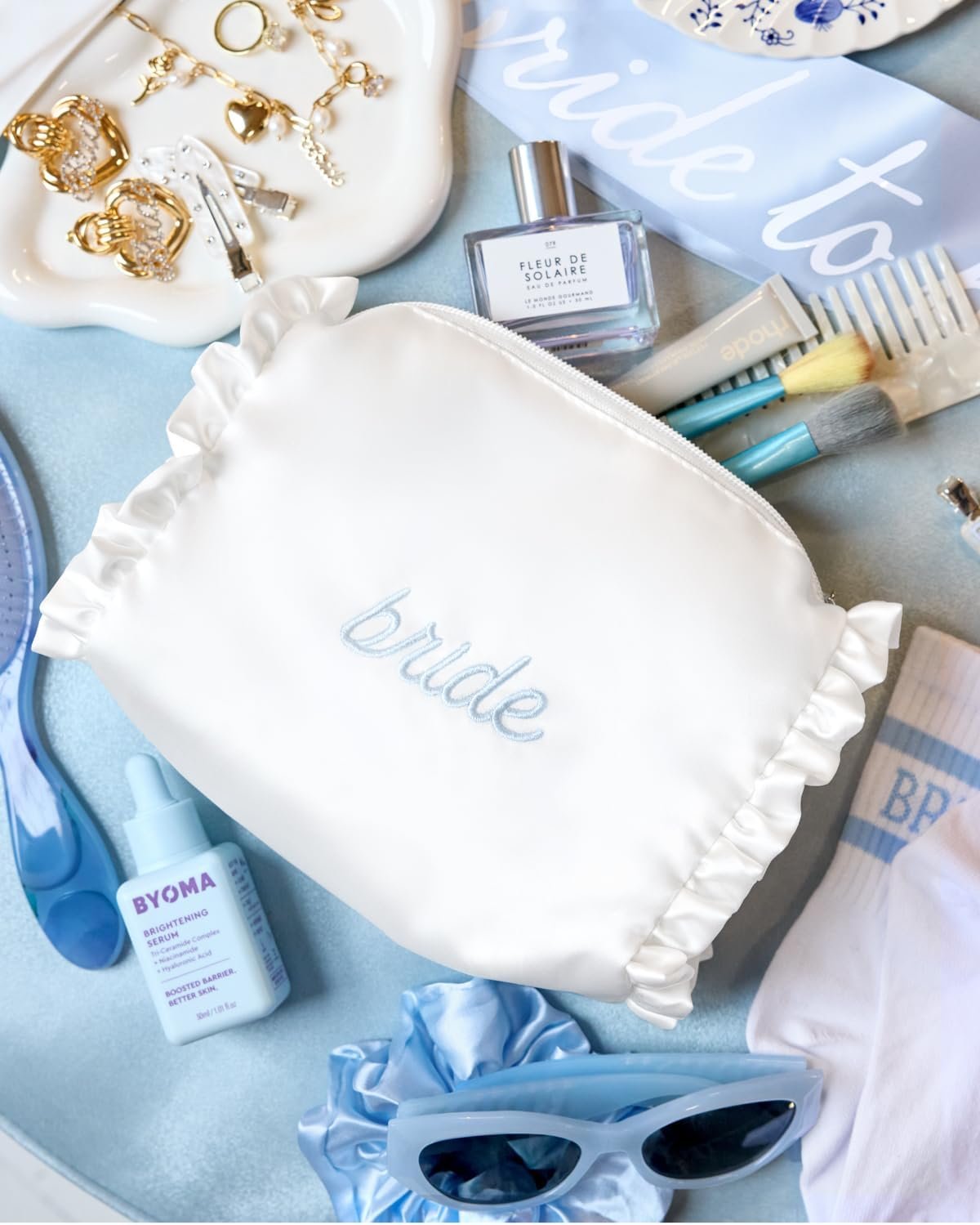 xo, Fetti White Satin Bride Cosmetic Bag | Bachelorette Party Decorations, Bride To Be Purse, Bridal Shower Accessory, GRWM Makeup Bag, White, Ruffle