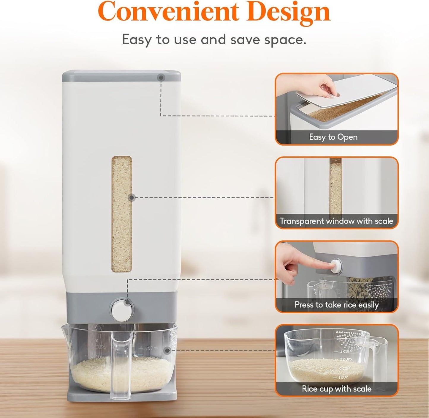 Lifewit Rice Dispenser 25 Lbs(11.3kg), Rice Storage Container Sealed Moisture Proof with Measuring Cup for Kitchen Pantry Household, BPA-Free