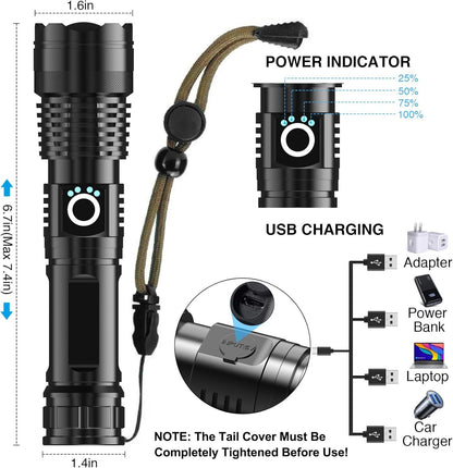 Rupyria LED Rechargeable Flashlights, 10000 Lumen Super Bright Led Flashlights with 5 Light Modes, Waterproof Design, Powerful Handheld Flash Light for Camping, Emergencies, Outdoor, Hiking (Black)