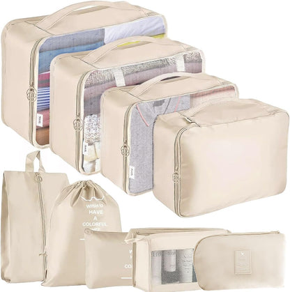 DAWNTREES 9 Set Packing Cubes for Travel, Luggage Suitcase Organizer,with Shoe Bag,Compression Packing Cubes,Cosmetics Bag, Travel Accessories Bags Made with Wearable Waterproof Fabric