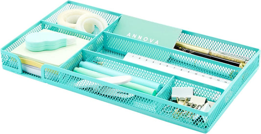 Annova Desk Drawer Organizer Tray for Office Organization - Metal Mesh - Storage Tray with Dividers for Pens, Desktop Accessories, Bathroom, Kitchen, Makeup and Office Supplies (Small) (Turquoise)