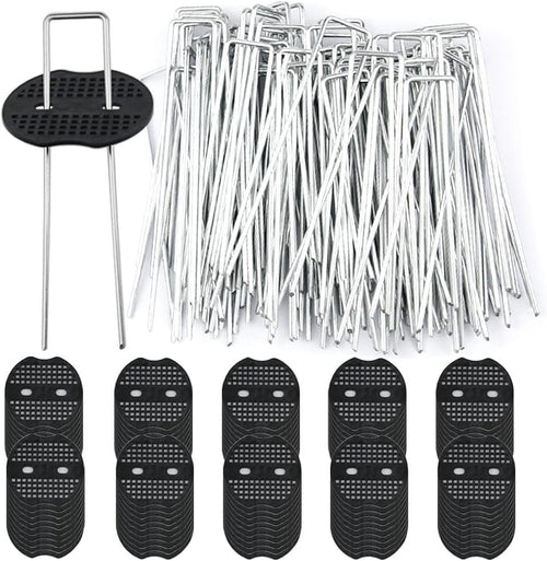 100PCS Galvanized Steel Garden Stakes with 100PCS Gasket, Heavy Duty Landscape Pegs of Anti Rust U Shaped for Securing Artificial Grass Weed Ground Cover, Fabric Matting