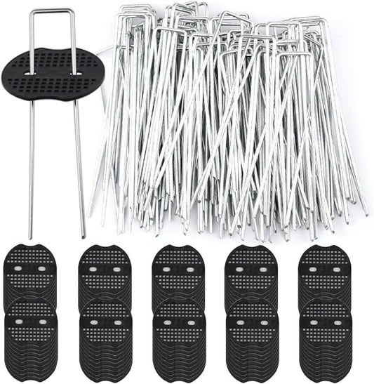 100PCS Galvanized Steel Garden Stakes with 100PCS Gasket, Heavy Duty Landscape Pegs of Anti Rust U Shaped for Securing Artificial Grass Weed Ground Cover, Fabric Matting