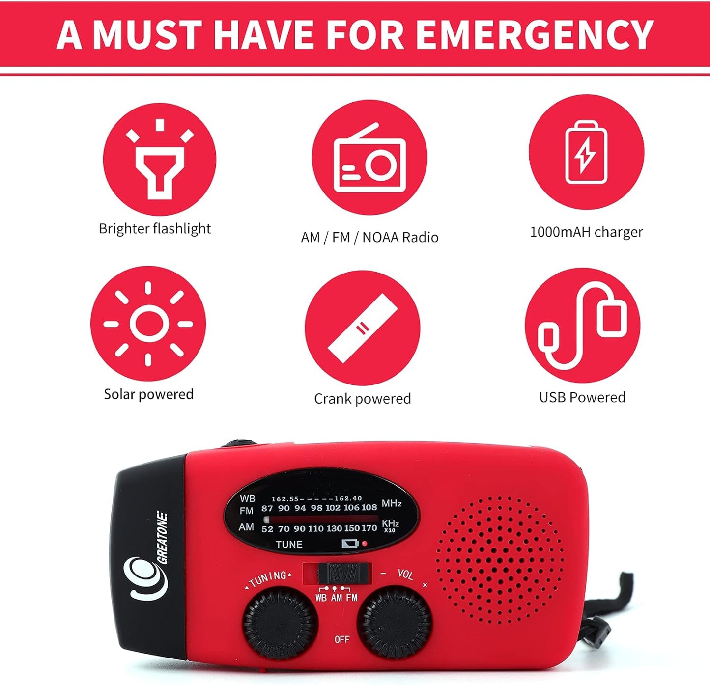 Great One Emergency Hand Crank Self Powered AM/FM NOAA Solar Weather Radio with LED Flashlight, 1000mAh Power Bank for iPhone/Smart Phone 088 red