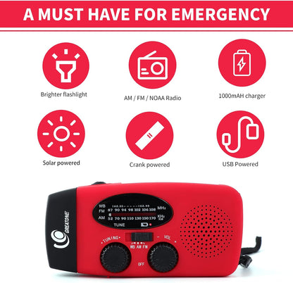 Great One Emergency Hand Crank Self Powered AM/FM NOAA Solar Weather Radio with LED Flashlight, 1000mAh Power Bank for iPhone/Smart Phone 088 red