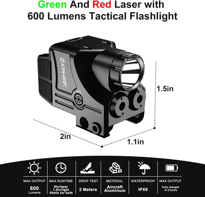 600 Lumens Tactical Flashlight Green/Red Laser Combo, Pistol Light with Strobe/Constant Light Modes, Dual-Color Laser Sight Combo,USBC Rechargeable,Fits Standard Picatinny/Glock Rails