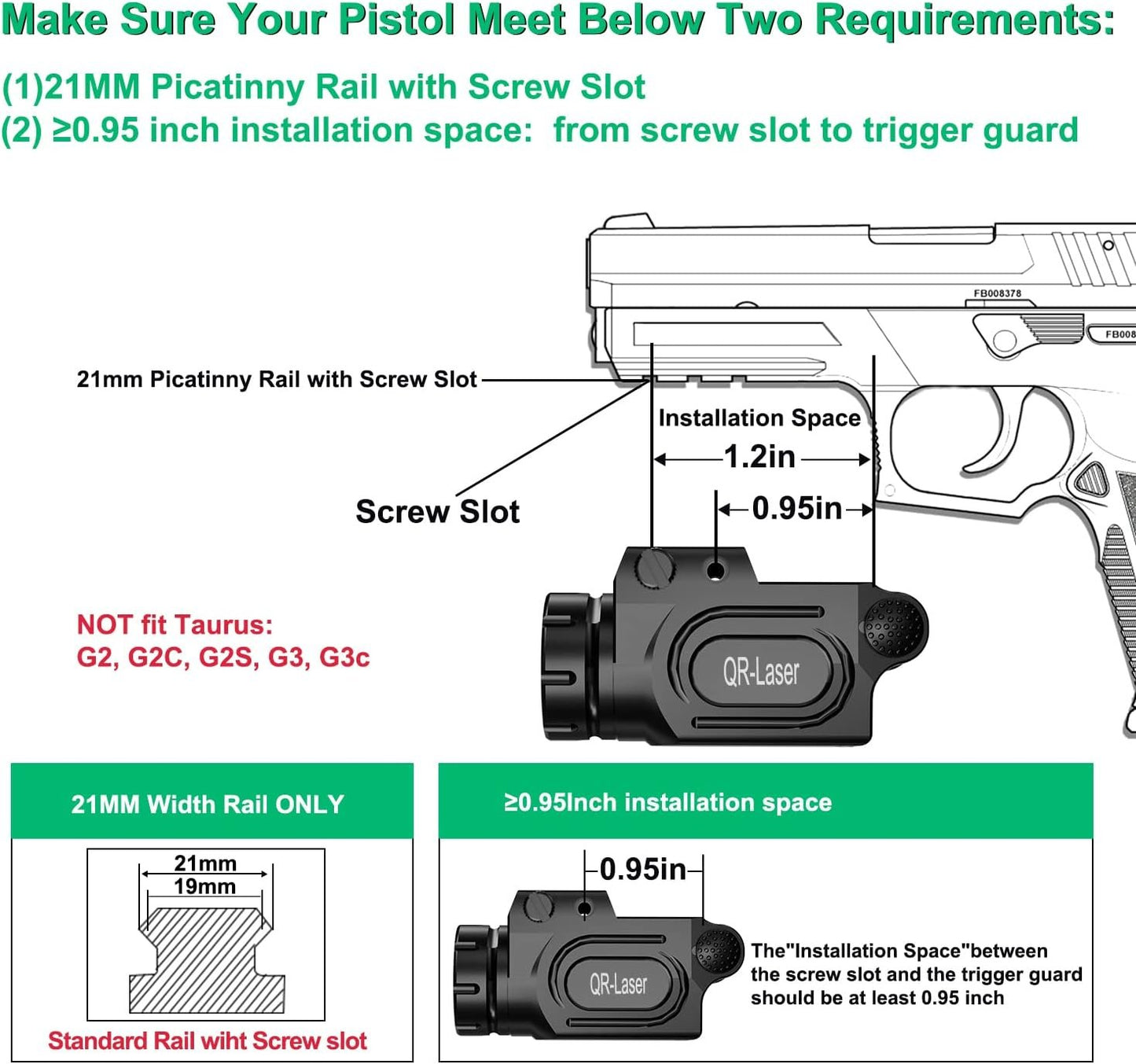 QR-Laser 1200 Lumens Tactical Weapon Mount Light for Handgun with Picatinny Rail, Premium LED Flashlight Type-C Rechargeable with Strobe Function for Pistol Handgun Glock Rifles