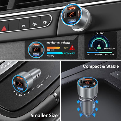 USB Car Charger with Voltage Display, Bangfun 65W 4-Port Dual 12V USB-A & USB C Car Phone Charger PD+QC 3.0 Cigarette Lighter Adapter for iPhone 16e 15 14 13 12 Pro Max, Android(Gray)