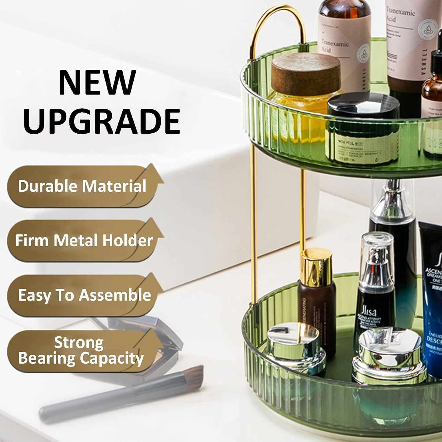 Rotating Makeup Organizer, 2 Tier Large Capacity Perfume Organizer Makeup Organizer, Cosmetic Organizer for Vanity Bathroom Bedroom, Green
