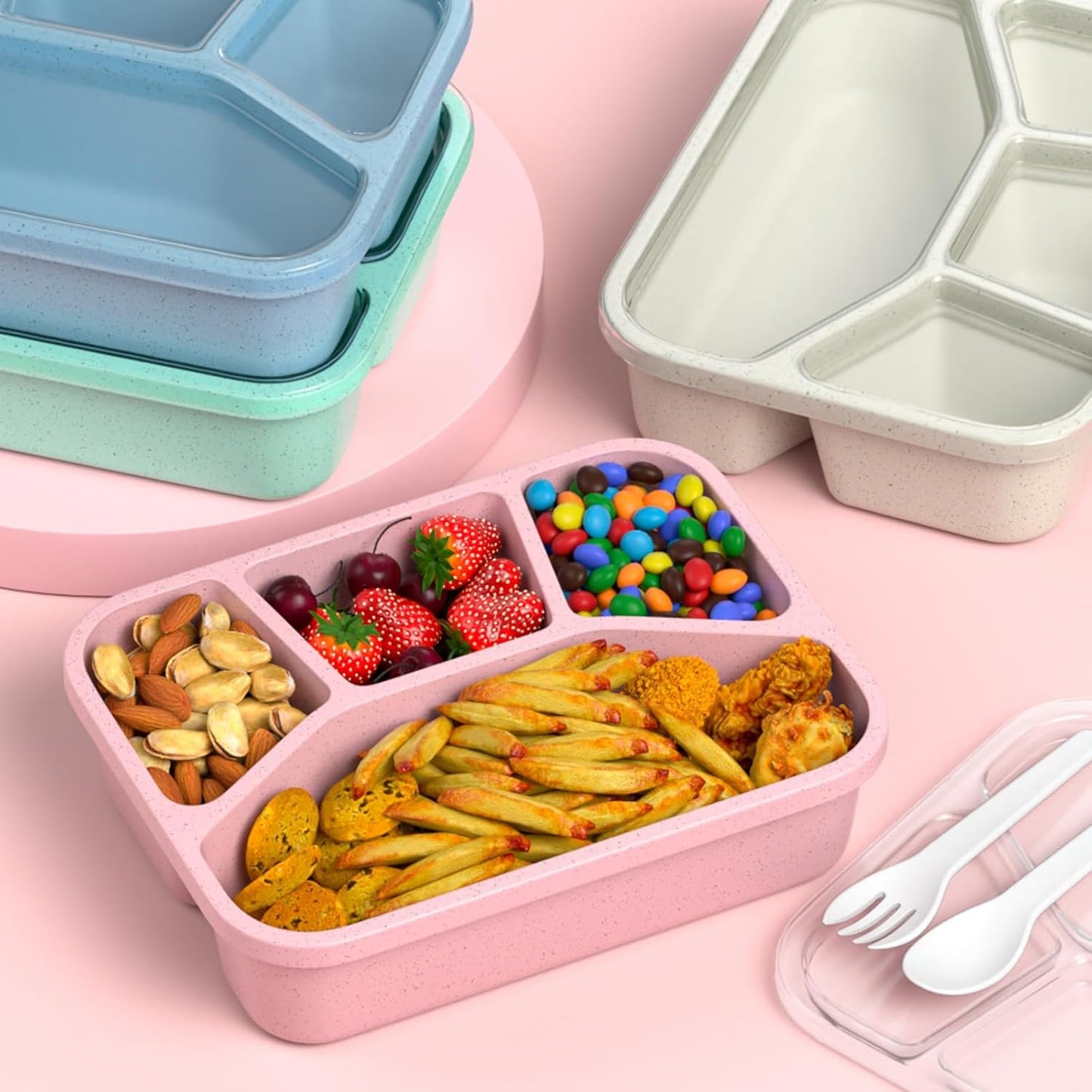 XGXN Bento Box Adult Lunch Box (4 Pack), 4-Compartment Meal Prep Container for Kids, Reusable Food Storage Containers with Transparent Lids, No BPA, Microwaveable (Wheat (Green/Blue/Pink/Beige))