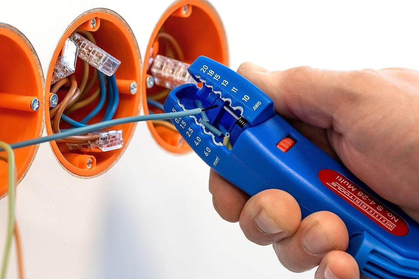 WEICON Cable Stripper No. S 4-28 Multi | High Safety | Universal Stripping Tool with Adjustable Cutting Depth | For Round Cables | Working Range 4-28 mm Ã˜ | TÃœV | red | blue | 100% Made in Germany