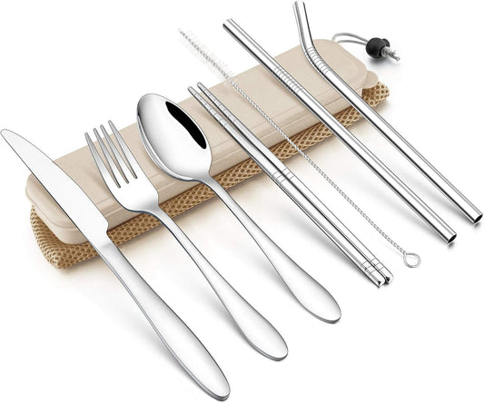 LIANYU 9-Piece Travel Utensils Silverware Set, Stainless Steel Knife Fork Spoon, Chopsticks, Metal Straws, Cleaning Brush, Wheat Case and Bag