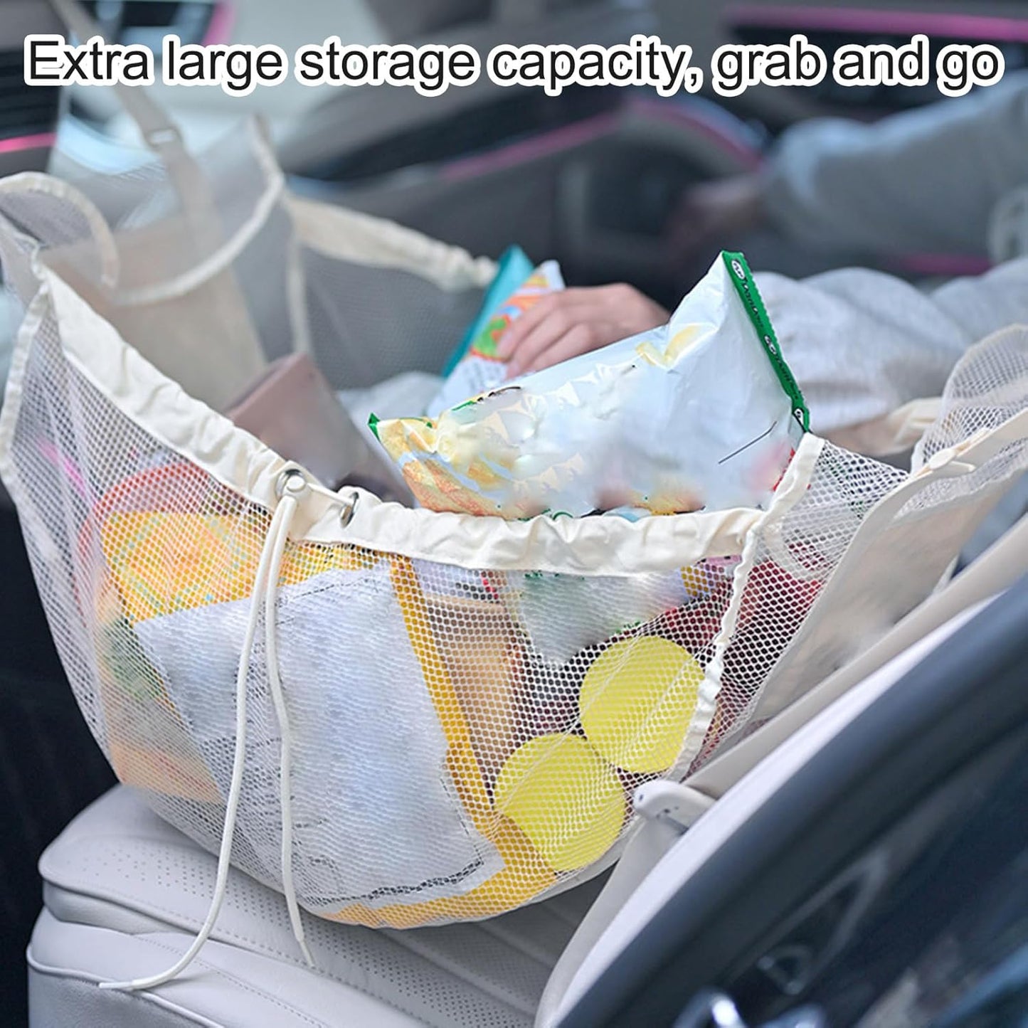 Car Mesh Organizer, Seat Storage Pouch, 12.6x18.9x1.18 Inches, Adjustable Buckle Drawstring, Bag Design, Interior Vehicle Accessory for Back Camping and Outdoor Travel, White