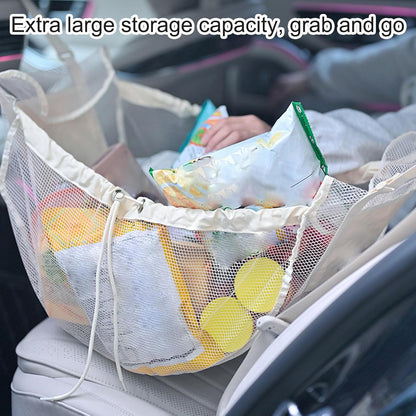 Car Mesh Organizer, Seat Storage Pouch, 12.6x18.9x1.18 Inches, Adjustable Buckle Drawstring, Bag Design, Interior Vehicle Accessory for Back Camping and Outdoor Travel, White