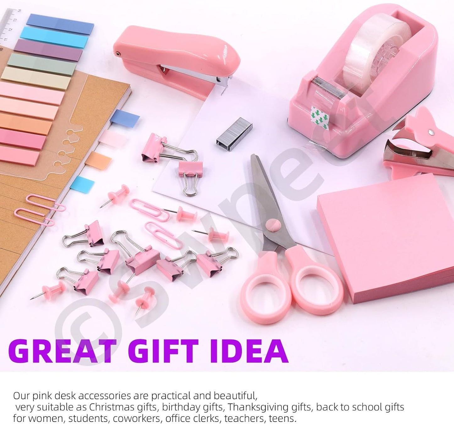 Swpeet 9Pcs Pink Office Supplies Kit, Desk Accessories Including Stapler, Tape Dispenser, Staple Remover, Tabs, Scissors, Staples, Tape, Clips and Sticky Note Ideal for Office and School