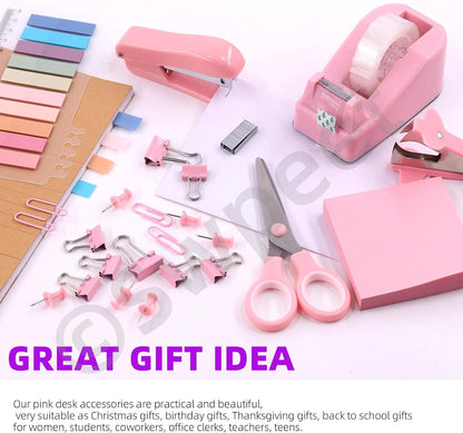 Swpeet 9Pcs Pink Office Supplies Kit, Desk Accessories Including Stapler, Tape Dispenser, Staple Remover, Tabs, Scissors, Staples, Tape, Clips and Sticky Note Ideal for Office and School