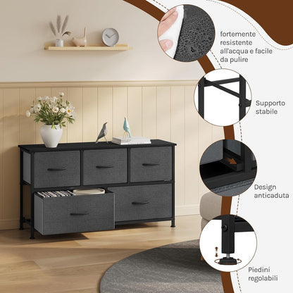 WOLTU Bedroom Chest of Drawers with 5 Drawers with 2 Tiers in Fabric, Industrial Cabinet, Metal and Wood Frame, Wood Effect, Black+Dark Grey, 100 x 30 x 54 cm