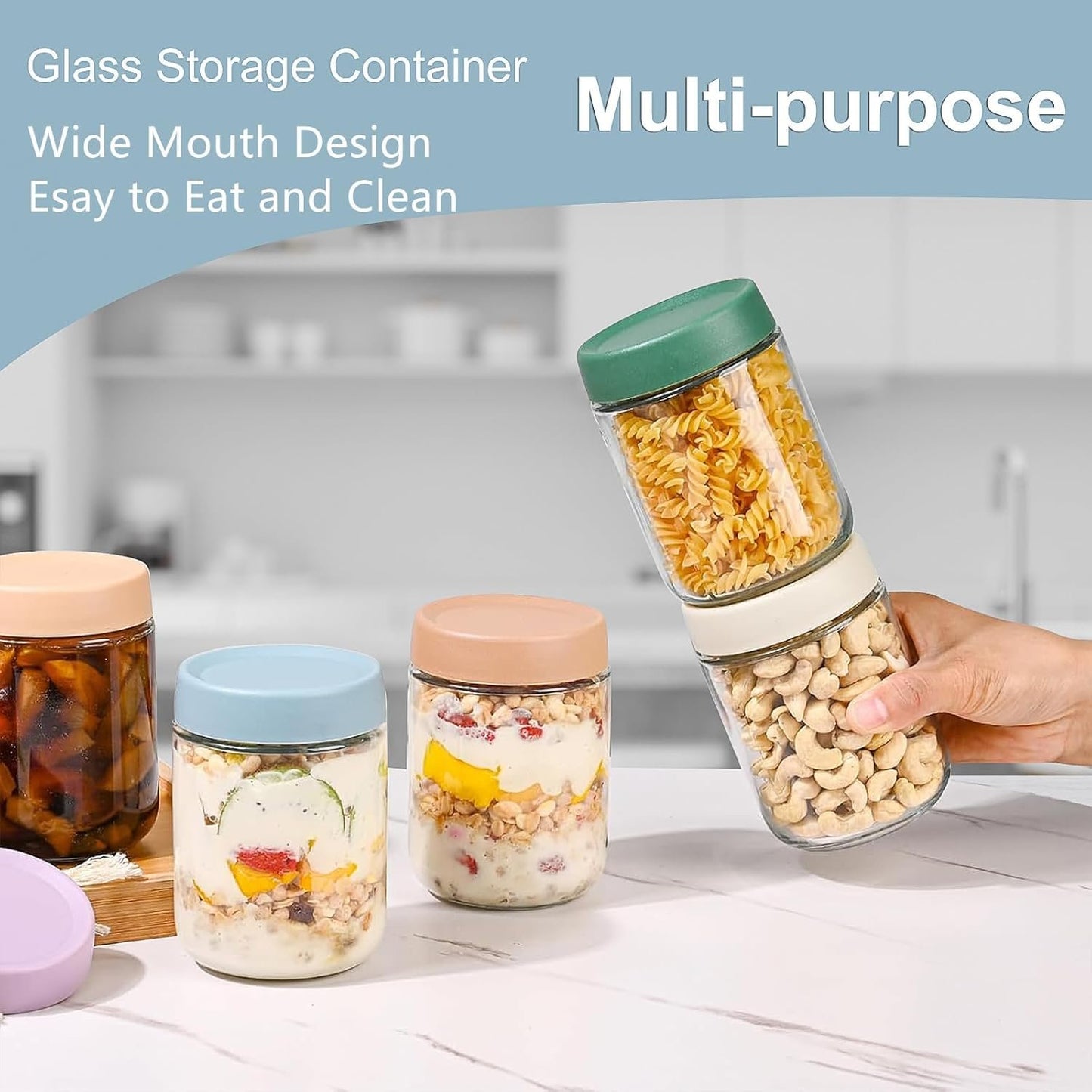 6 Pack Overnight Oats Containers with Lids, Glass Jars with Airtight Lids,Wide Mouth Mason Jars 500ml, Food Glass Storage Containers for Leftover, Snacks Yogurt Spice Suga (6)