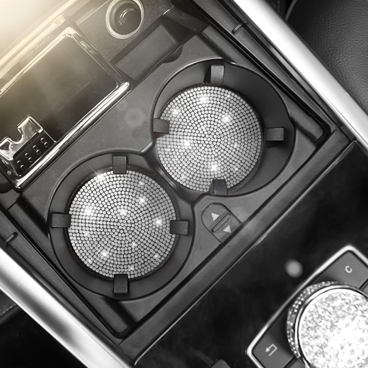 2PCS Bling Car Cup Holder Coaster, Handcrafted Rhinestone Crystal Cup Holder Coaster Anti-Slip Universal for Cars, SUVs, Home, Office, Car Interior Accessories for Women & Men (White)