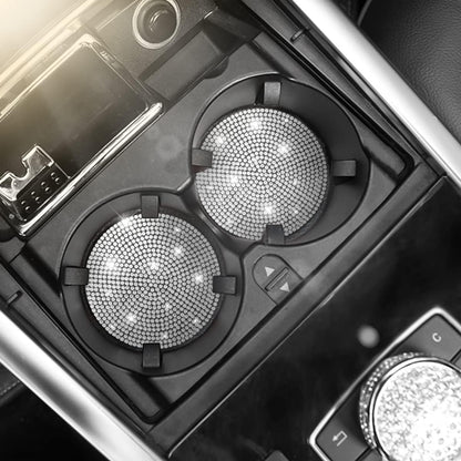 2PCS Bling Car Cup Holder Coaster, Handcrafted Rhinestone Crystal Cup Holder Coaster Anti-Slip Universal for Cars, SUVs, Home, Office, Car Interior Accessories for Women & Men (White)