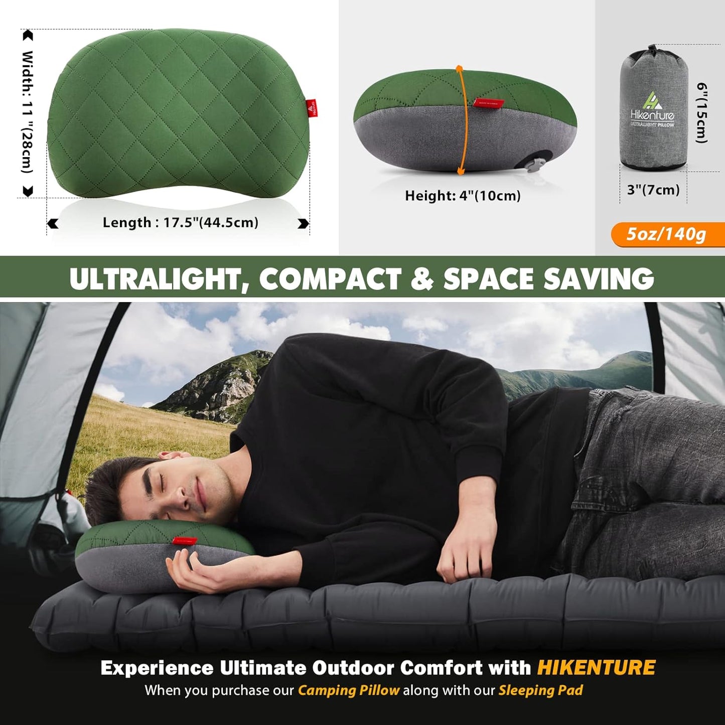 HIKENTURE Camping Pillow-Ultralight Inflatable Pillow with Removable Cover-Comfortable Ergonomic Blow Up Pillow - Compressible Beach Pillow-Air Travel Pillow for Neck & Lumbar Support(Green)