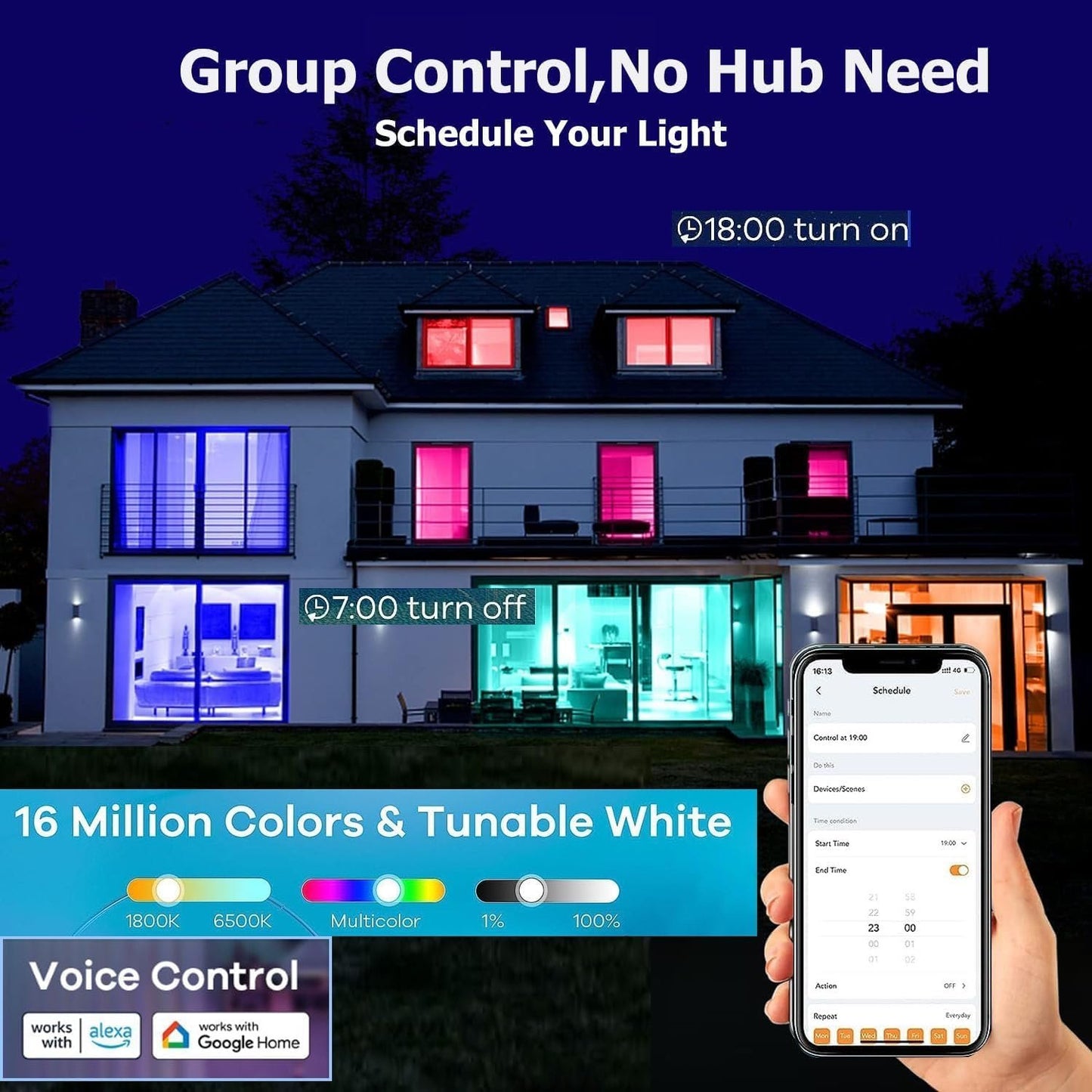 Smart Wi-Fi Light Bulb Multicolor E27, 60W Equivalent LED with Preset Scenes, Schedule & Timer, Sunrise/Sunset Modes, Voice & App Control, Away Mode, No Hub, Pack of 4