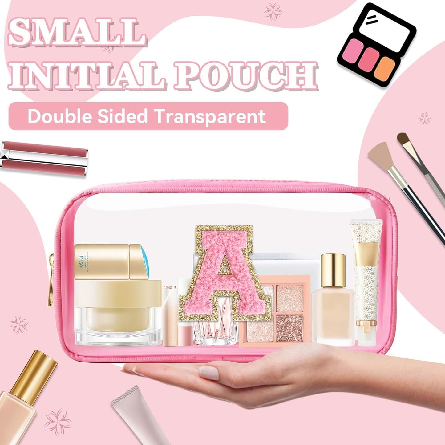 Iqimott Mini Clear Personalized Initial Makeup Bag, Nylon Preppy A-Z Chenille Letter Patch Zipper Cosmetic Bag, Small Cute Pouch Travel Coin Purse Toiletry Bag, Small-Pink, A