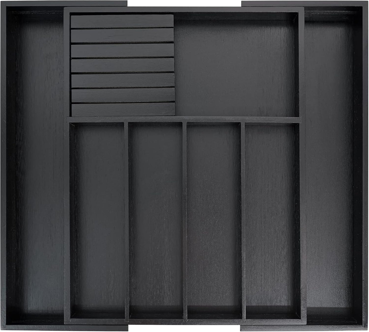 VaeFae Bamboo Silverware Drawer Organizer Kitchen, Expandable Utensil Holder and Cutlery Tray with Divider 55 x 43 Centimeters Flatware Storage and Removable Knife Block (Black)