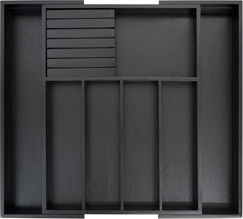 VaeFae Bamboo Silverware Drawer Organizer Kitchen, Expandable Utensil Holder and Cutlery Tray with Divider 55 x 43 Centimeters Flatware Storage and Removable Knife Block (Black)