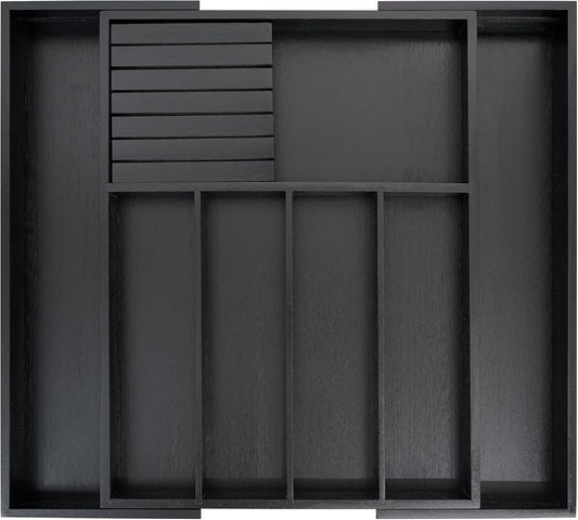 VaeFae Bamboo Silverware Drawer Organizer Kitchen, Expandable Utensil Holder and Cutlery Tray with Divider 55 x 43 Centimeters Flatware Storage and Removable Knife Block (Black)
