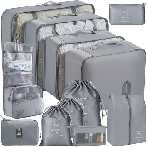 SaiXuan 12-Piece Suitcase Organizer Set, Travel Organizer, Space-Saving Suitcase, Packing Cubes, Organizer for Suitcases, Packing Cubes for Cosmetics, Underwear Clothing (Grey)