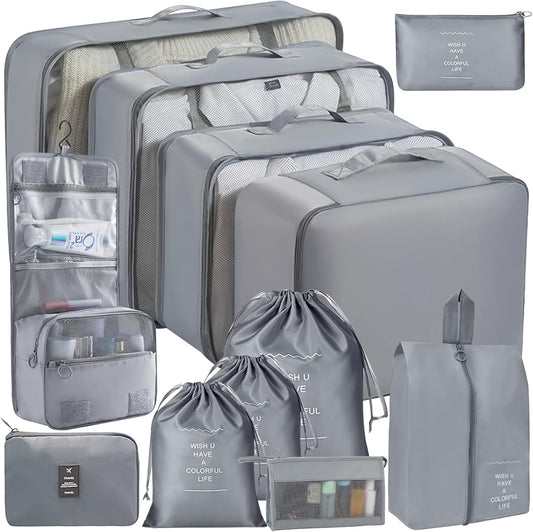 SaiXuan 12-Piece Suitcase Organizer Set, Travel Organizer, Space-Saving Suitcase, Packing Cubes, Organizer for Suitcases, Packing Cubes for Cosmetics, Underwear Clothing (Grey)