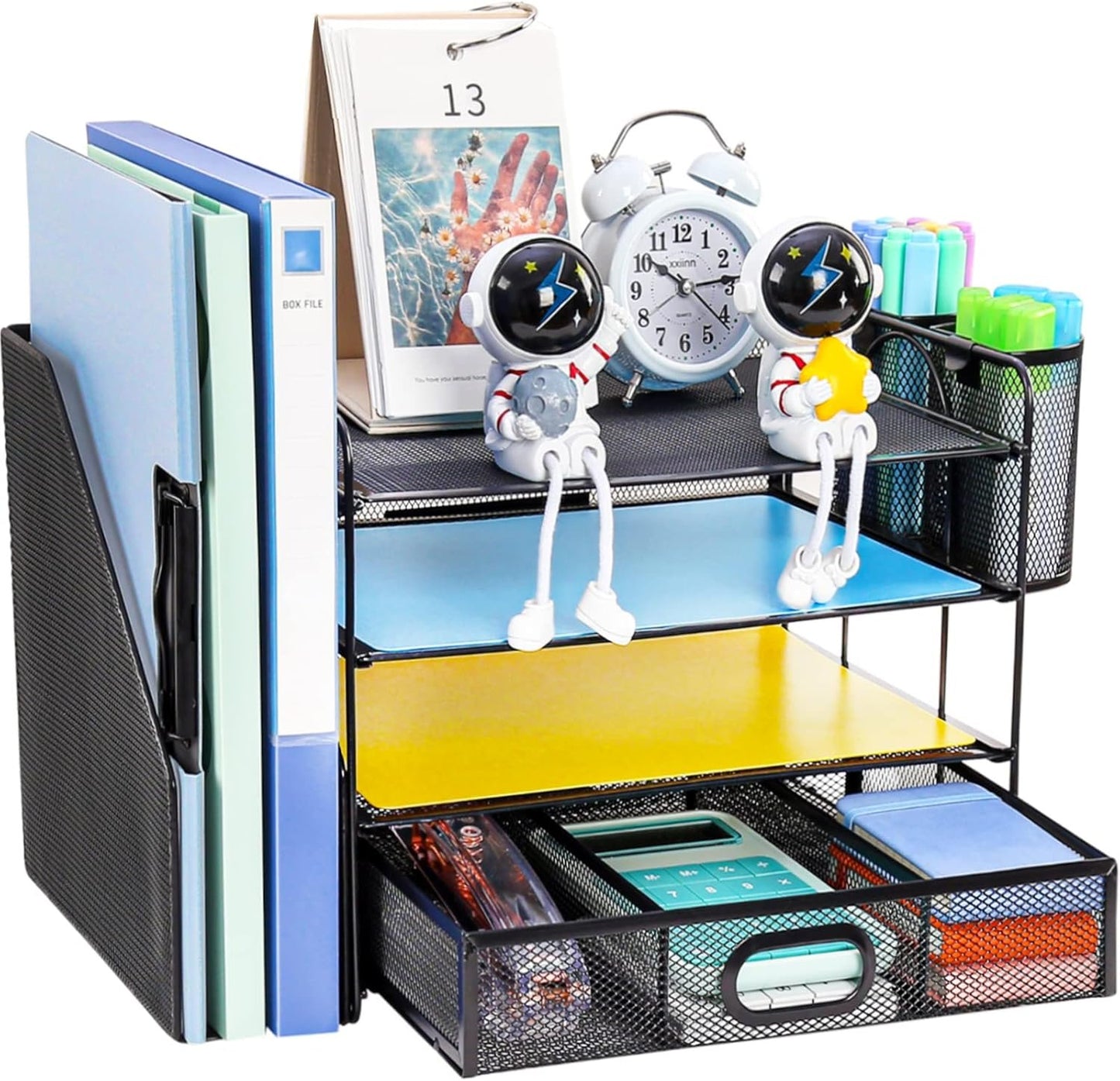 Desk Organizer with File Holder, 4-Tier Letter Paper Tray Organizer with Drawer & 2 Pen Holders, Desk Organizers and Accessories, Mesh Desktop File Organizer and Storage for Office Supplies