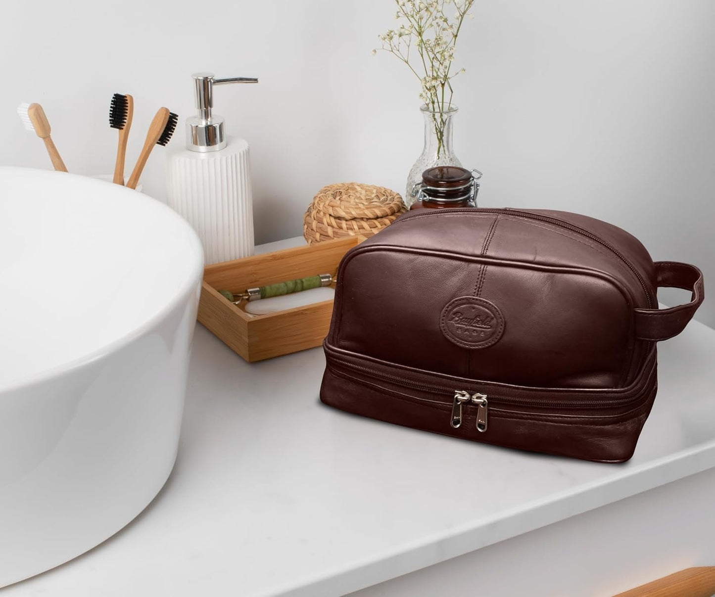Mens Toiletry Bag Shaving Dopp Case For Travel by Bayfield Bags (Brown) Men's Shower Bag For Bathroom Hygiene (11x6x5). Holds Beard Trim Kit Accessories and Body Shavers.