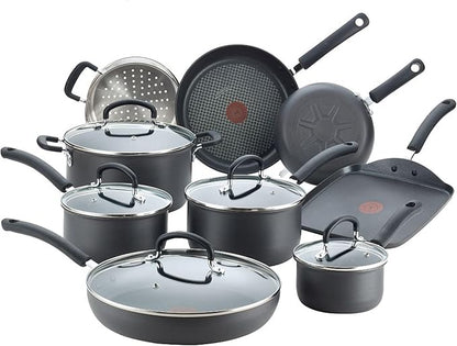 T-fal Ultimate Hard Anodized Nonstick Cookware Set 14 Piece, Oven Broiler Safe 400F, Lid Safe 350F, Kitchen Cooking Set w/Fry Pans, Saucepans, Griddle, Dutch Oven, Pots & Pans, Dishwasher Safe, Black