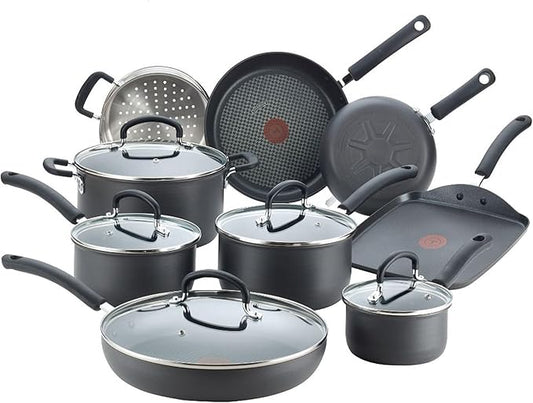 T-fal Ultimate Hard Anodized Nonstick Cookware Set 14 Piece, Oven Broiler Safe 400F, Lid Safe 350F, Kitchen Cooking Set w/Fry Pans, Saucepans, Griddle, Dutch Oven, Pots & Pans, Dishwasher Safe, Black