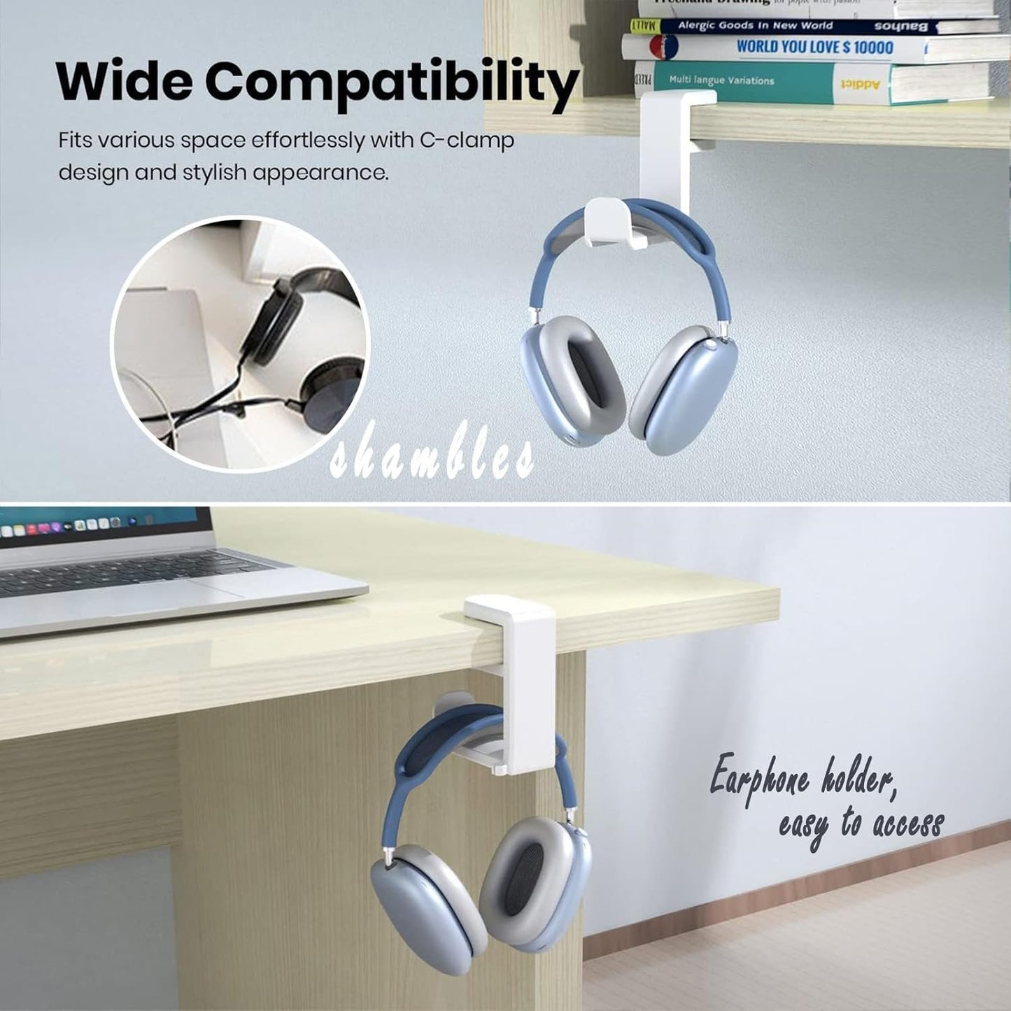 Headphone Headset Headphones Stand Holder Hook Hanger Office Gaming Under Desk Accessories Organizers Adjustable, White