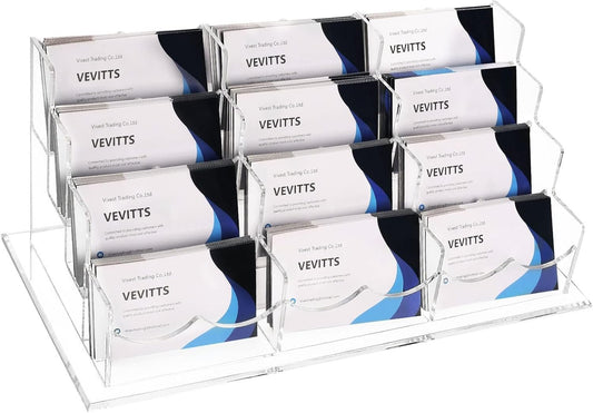 Vevitts Acrylic Business Card Holder, Clear Desktop Card Stand, 4 Tiers 12 Slots