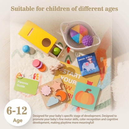 Montessori Toys for Babies 6-12 Months 6 in 1 Learning Educational Toy Set Wooden Toys Play Kit Includes Object Permanence Box, Touch & Match Board, Sensory Ball & Treasure Basket, Soft Baby Book