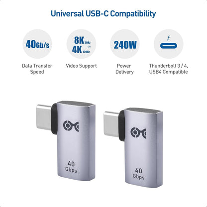 Cable Matters 2-Pack 40Gbps Flat Right Angle USB C Adapter with 240W PD (90 Degree USB C Adapter) in Black - Thunderbolt 4, USB4, Thunderbolt 3 Port Compatible with iPad Pro, iPhone 15, Steam Deck