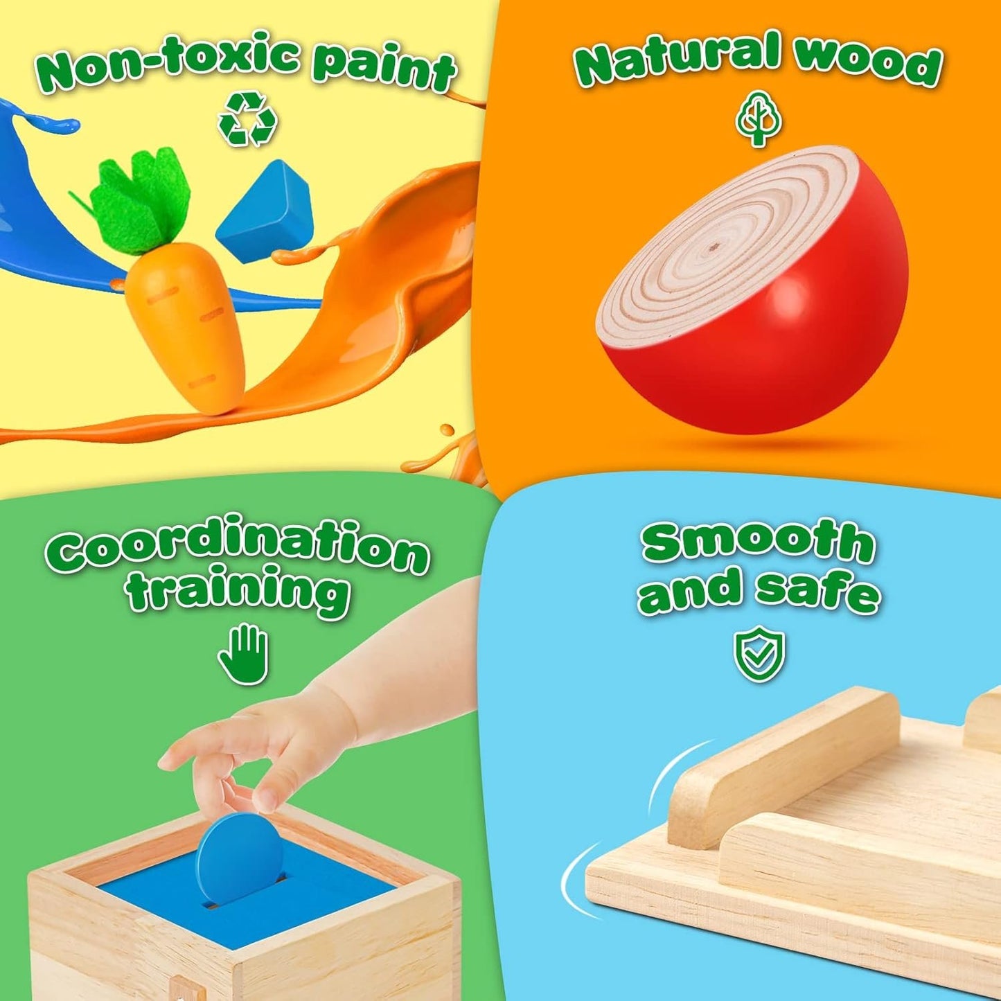 Wooden Montessori Toys for 1 Year Old, 5-in-1, Object Permanence Box, Coin Box, Carrot, Catch Worm, Shape Sorter, Learning Toy for Toddler Aged 1, 2, 3 Year Old Boys Girls