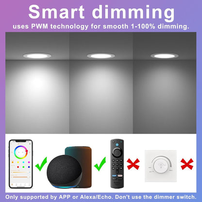 Smart Recessed Lighting 6 Inch RGBCW Color Changing 16W LED Downlight with Junction Box,1350 Lumen Recessed Ceiling Light Compatible with Alexa,Dimmable by Bluetooth Control -12Pack
