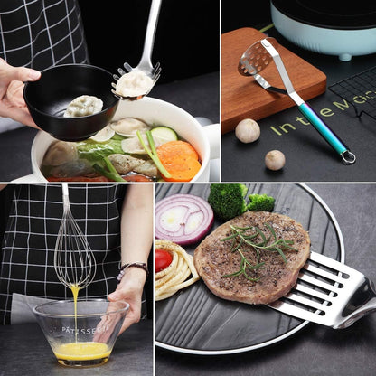 HOMQUEN Stainless Steel Kitchen Utensils Set, 12-Piece Kitchen Utensils, Kitchen Gadgets Set of Cookware, Best Gift Set of Kitchen Utensils (Coloured Handle)